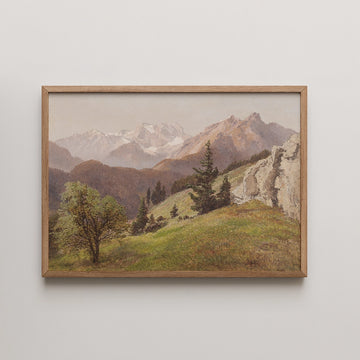 Konrad Petrides landscape painting titled Mountain Landscape II, snow capped peaks above a grassy slope with a flowering tree and pale rock outcrop.