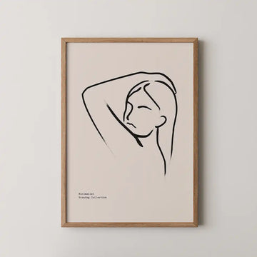 Minimalist line art print of a woman in motion, featuring fluid black strokes on a soft beige background, framed in wood, perfect for modern home decor.