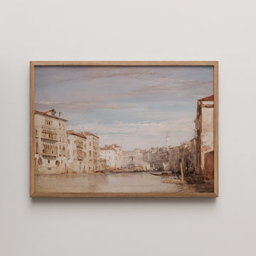 Richard Parkes Bonington landscape painting titled The Grand Canal, pastel palazzos lining Venice's Grand Canal beneath a luminous evening sky.