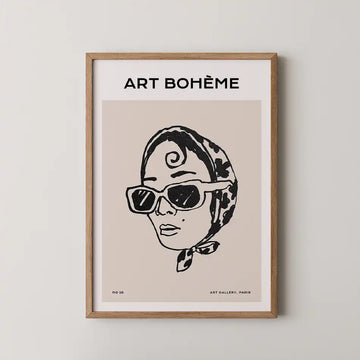 Stylish portrait print featuring a fashionable woman in oversized sunglasses and a chic headscarf, with the text 'ART BOHÈME' on a soft beige background, perfect for modern bohemian decor.
