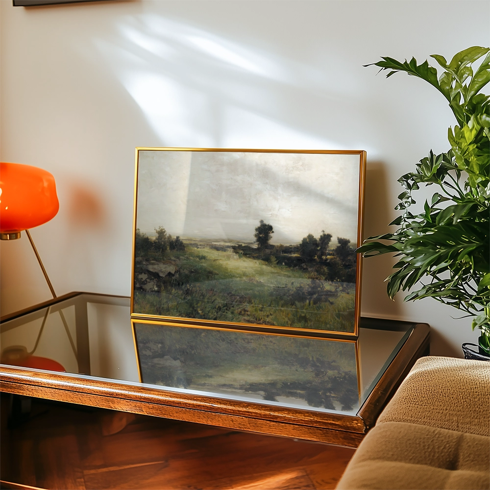 Framed landscape painting displayed on a glass table next to a decorative lamp and a potted plant.