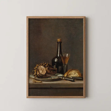 Pehr Hilleström still life painting titled Still Life, a roasted joint of meat with a knife and fork beside a wine bottle, glass and loaf of bread.