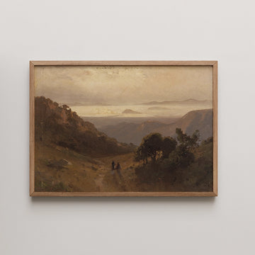 William Keith landscape painting titled The Golden Gate, two figures on a hillside path overlooking a hazy, sunlit bay at dusk.