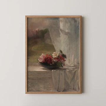 Painting of a vase with colorful flowers on a windowsill, framed in natural wood, with a soft, blurred landscape visible outside the window.
