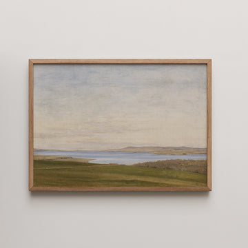 PC Skovgaard landscape painting titled Fjord landscape with farmhouse, a small red roofed farmhouse on a green shore above a calm Danish fjord.
