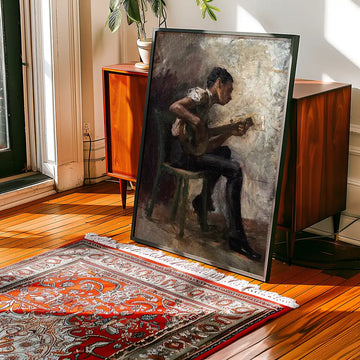 Painting of a musician playing the guitar, displayed in a stylish interior setting with wooden floors and an ornate rug.