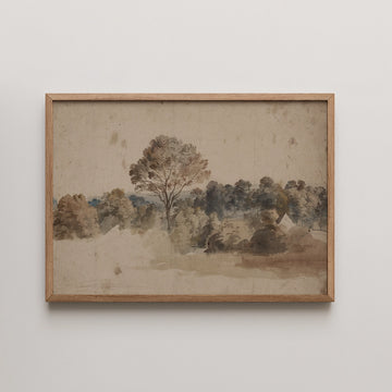 Framed watercolor painting of a serene landscape featuring trees and greenery.