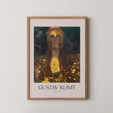 Gustav Klimt inspired painting featuring a golden figure adorned with intricate details, framed in wood, with the artist's name displayed below.