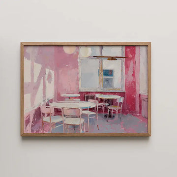 Modern café interior artwork featuring soft pinks and pastel hues, elegantly designed with chic circular tables and chairs, creating an inviting atmosphere for any space.
