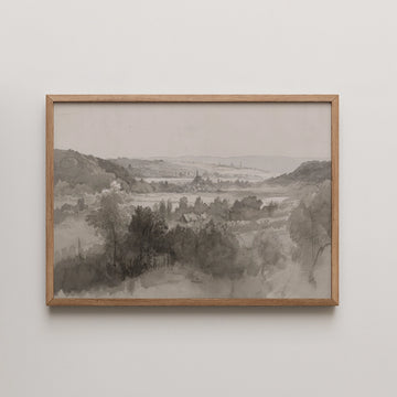 Willem Bodeman landscape painting titled View of a Valley, a sepia wash view of a wooded valley opening toward a distant hazy town.