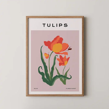 Vibrant floral art print featuring orange and pink tulips against a blush pink background, framed in minimalist wood, ideal for home decor.