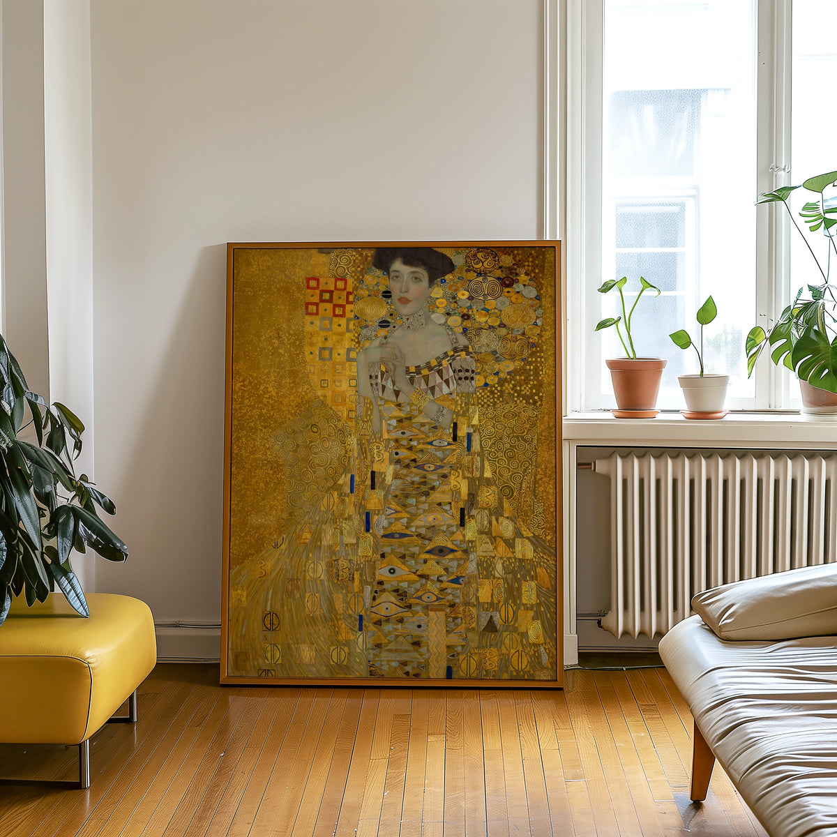 A large framed painting of a woman in a golden dress, displayed in a modern living room with plants and a yellow sofa.