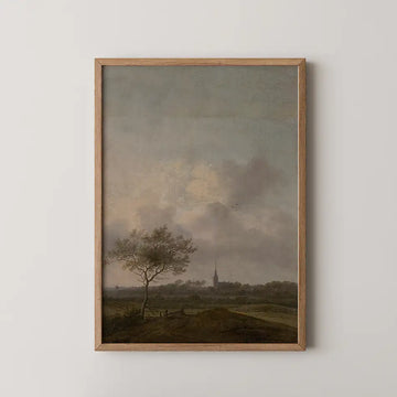Anthonie Jansz. van der Croos landscape painting titled Landscape with Church in Rijswijck, a lone tree beside a sandy track with a distant church spire under a cloud filled sky.