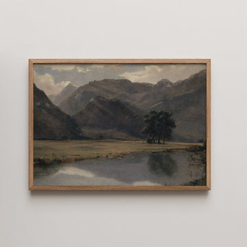 Alexandre Calame landscape painting titled Landscape in the Canton of Uri, showing dark alpine mountains reflected in a still lake with a small chalet.