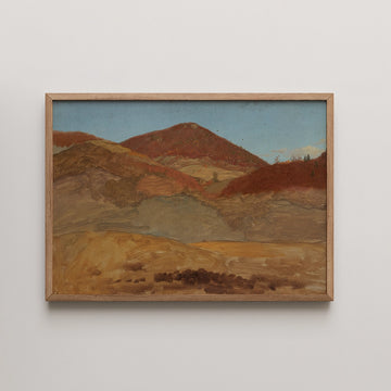 Frederic Church landscape painting titled Hilly Landscape Autumn, showing rust colored autumn hills with terraced fields under a clear blue sky.