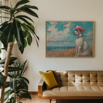 A colorful painting of a dog in a pink hat sitting in a field by the ocean, displayed on a wall in a stylish living room with a cozy sofa and indoor plants.