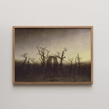 Caspar David Friedrich landscape painting titled The Abbey in the Oakwood, a ruined gothic abbey among bare oaks at dusk.
