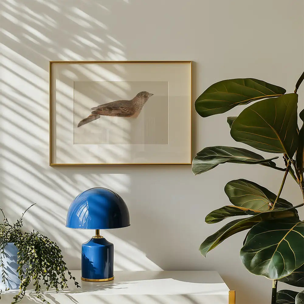 Framed painting of a bird on a wall, paired with a blue lamp and potted plant, highlighting natural light and shadows.
