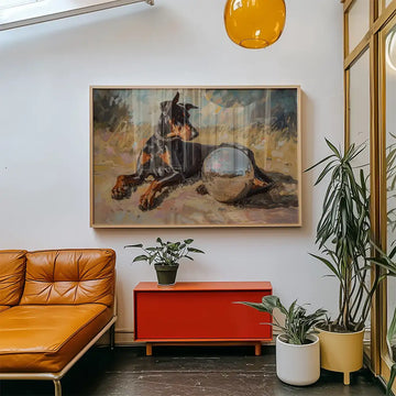 Modern reprint poster of a Doberman lying next to a disco ball, displayed in a stylish living room setting with yellow furniture and indoor plants.