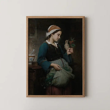 Emile-Auguste Hublin portrait painting titled Fillette à l'oiseau, a young girl in a headscarf gently holding a small bird on her outstretched hand.