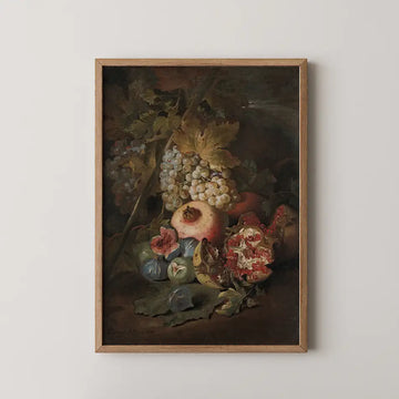 Bunches of Grapes, pale grapes on the vine above a split pomegranate, dark figs and a peach.