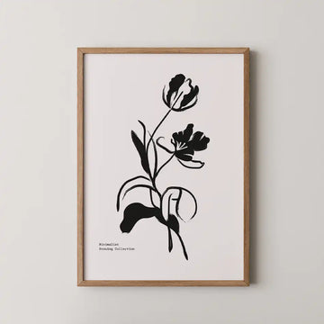 Elegant minimalist floral art print titled 'Bohemian Gaze' showcasing a black silhouette of blooming flowers on a white background, part of the Bohemian Collection."