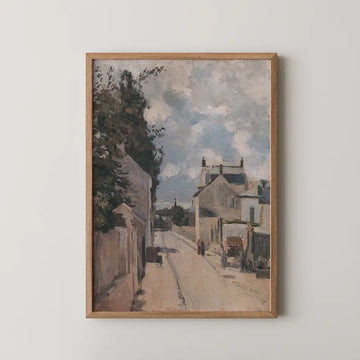 Post-impressionist painting of a serene street scene with two figures walking, framed in natural wood, set against a light-colored wall.