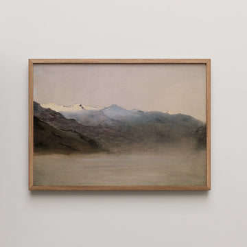 Framed painting of a serene mountain landscape with subdued colors and soft brushstrokes.