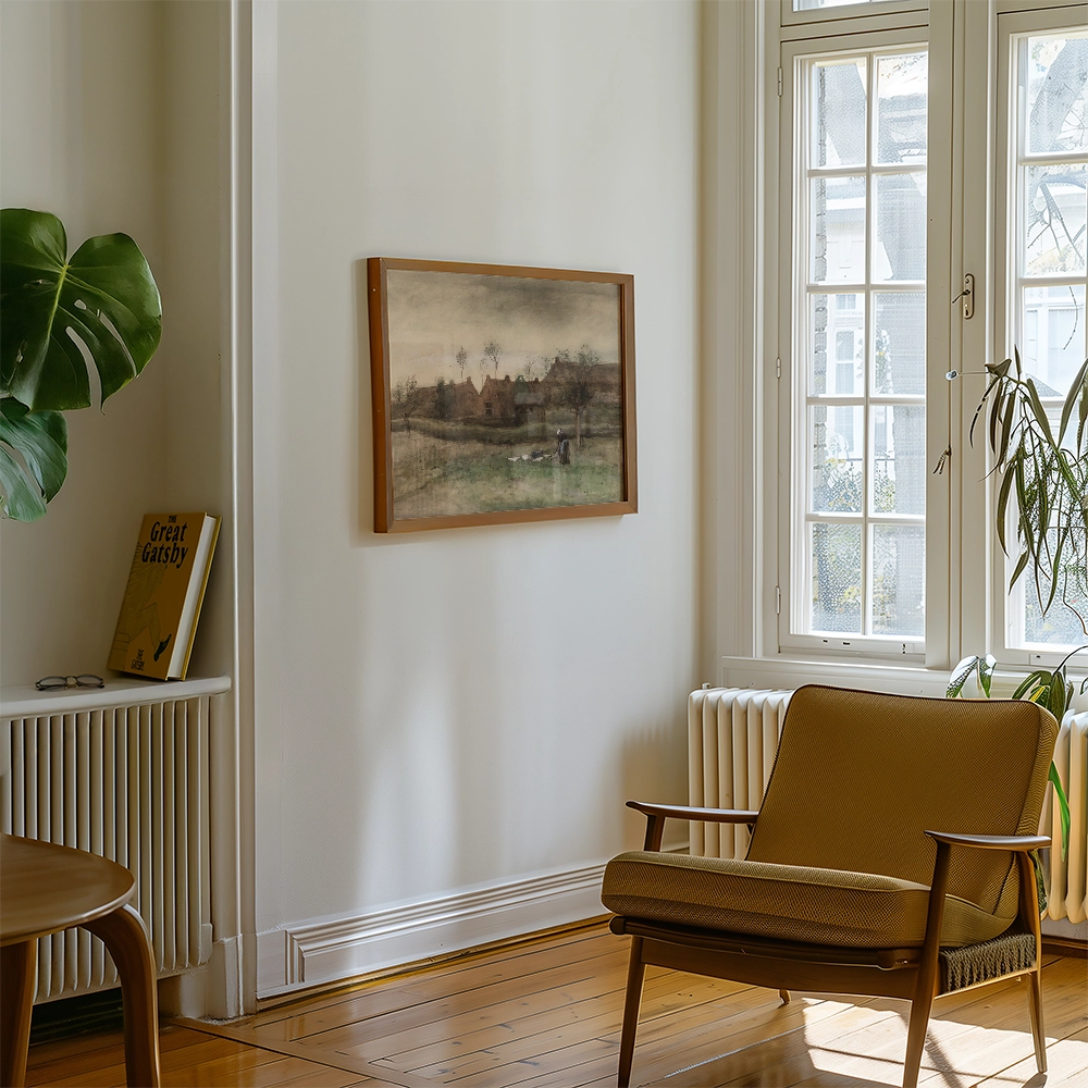 Painting of a serene landscape featuring a figure by a stream, framed in wood, hanging on a white wall next to a green plant and a vintage book on a shelf.