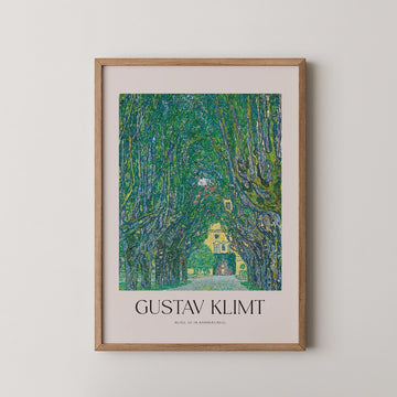 Gustav Klimt painting titled Avenue to the Kammer Castle, a tree lined avenue arching over a path toward a distant yellow castle facade.