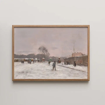 Painting of a snowy street scene with people walking, framed in a wooden border.