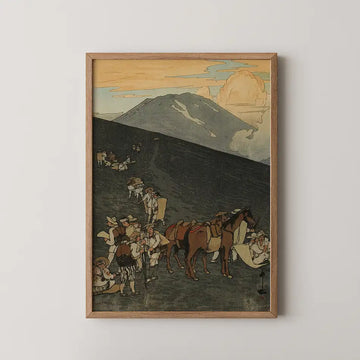 Framed painting of a landscape featuring people carrying goods on a mountain path with a horse and colorful clouds in the sky.