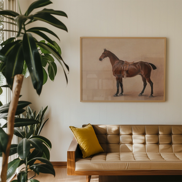 Estudio de un caballo de caza bayo ensillado — póster en una ambientación de ejemplo; marco no incluido