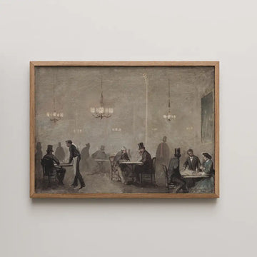 A vintage-style painting in a wooden frame depicting a dimly lit restaurant scene with men in top hats and a waiter serving, capturing a classic ambiance.