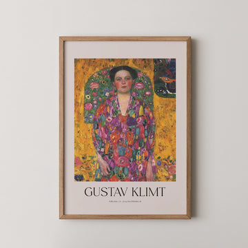 Framed poster of a painting by Gustav Klimt featuring a woman in a colorful floral robe against a vibrant yellow background.