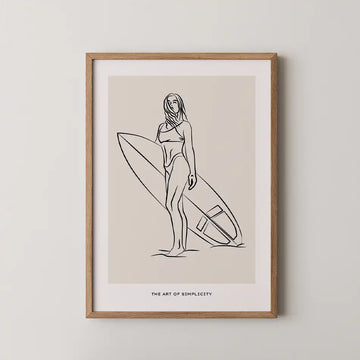 Surfer Girl line art print featuring a confident woman with a surfboard against a soft beige background, embodying beach culture and minimalist decor.