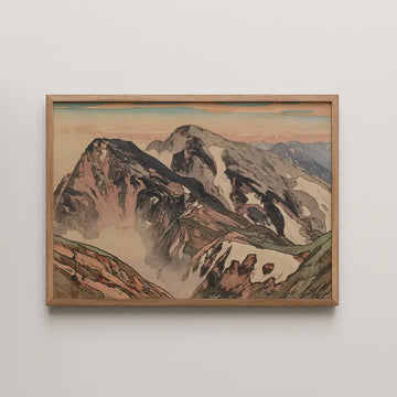 Mountain landscape painting with soft colors and a wooden frame.