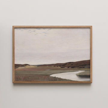 Framed painting depicting a serene landscape with a winding river, rolling hills, and a cloudy sky.