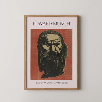 Framed poster art by Edward Munch featuring a portrait titled "Head of an Old Man with Beard" with a red background and a detailed depiction of an elderly man.
