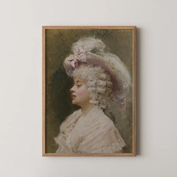 Portrait of a woman wearing a large hat with curls, framed in wood against a neutral background.