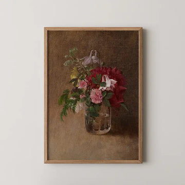 Flowers in a Glass, pink and red blooms with a trailing white flower gathered in a small glass jar.