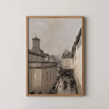 Antoine Vollon cityscape painting titled View of Notre Dame de Lorette, a hazy Parisian church tower above a rain slicked street filled with carriages and pedestrians.