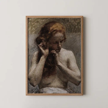 Painting of a woman with long red hair, shown with a contemplative expression, framed in wood, hanging on a wall.