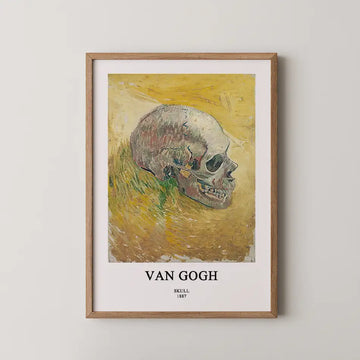 Framed painting of a human skull by Van Gogh, titled "Skull," created in 1887, displayed against a yellow background.