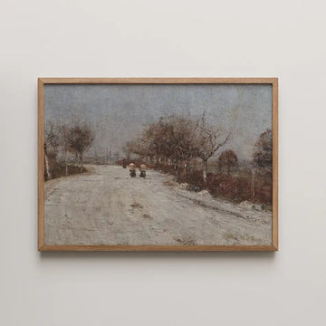 Framed painting of a serene rural road with two figures walking under leafless trees against a muted sky.