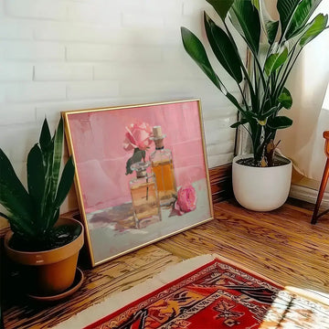 Modern poster of a classic painting featuring elegant perfume bottles and a pink rose, set in a stylish home interior with plants and wooden flooring.