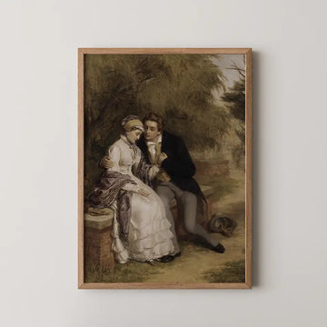 Painting of a couple sitting together on a bench in a garden, framed in a wooden frame.
