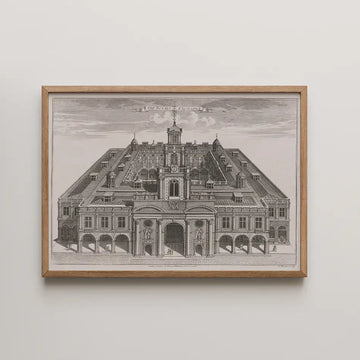 A historic black and white engraving of The Royal Exchange, framed in wood, depicting the building's detailed architectural design.