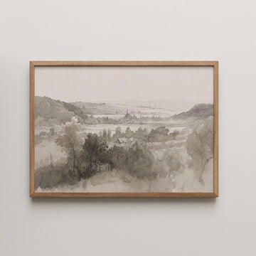 Willem Bodeman landscape painting titled Gezicht op een dal, a sepia wash valley with a distant village and church spire seen from a wooded hillside.