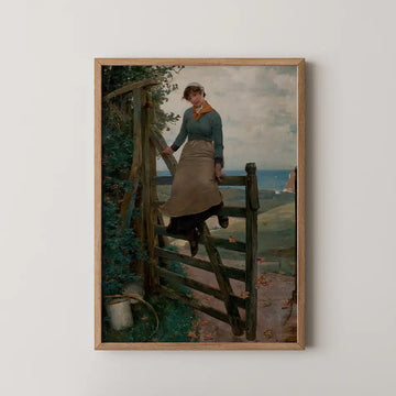Henry Bacon genre painting titled Gate to the Sea, a young woman seated on a wooden farm gate overlooking a hazy coastal view.